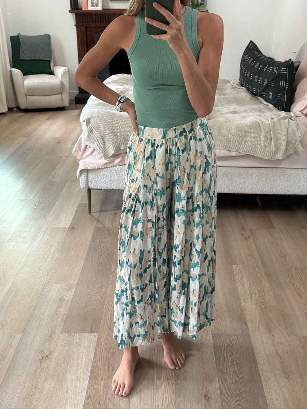 Maeve Teal & Cream Pleated Wide-Leg Floral Pants